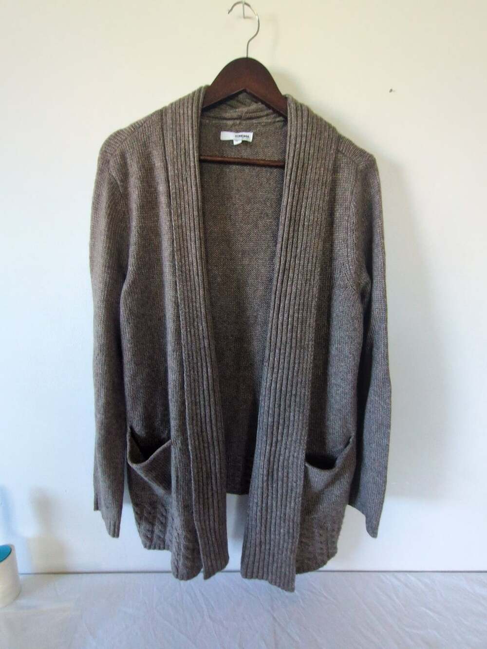 Sonoma Cardigan Sweater Size L Brown Open Front Pocket Shawl Collar